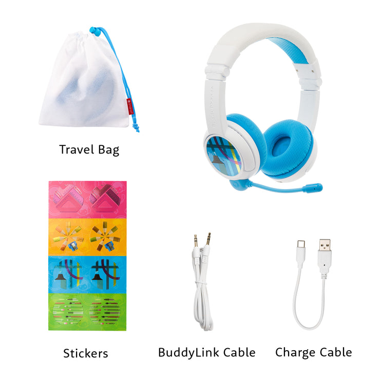 BuddyPhones Discover Fun, On-Ear Wired 85dB Safe Volume Limiting Kids  Headphones, Fun Customizable Stickers, Adjustable Headband Size, Blue 